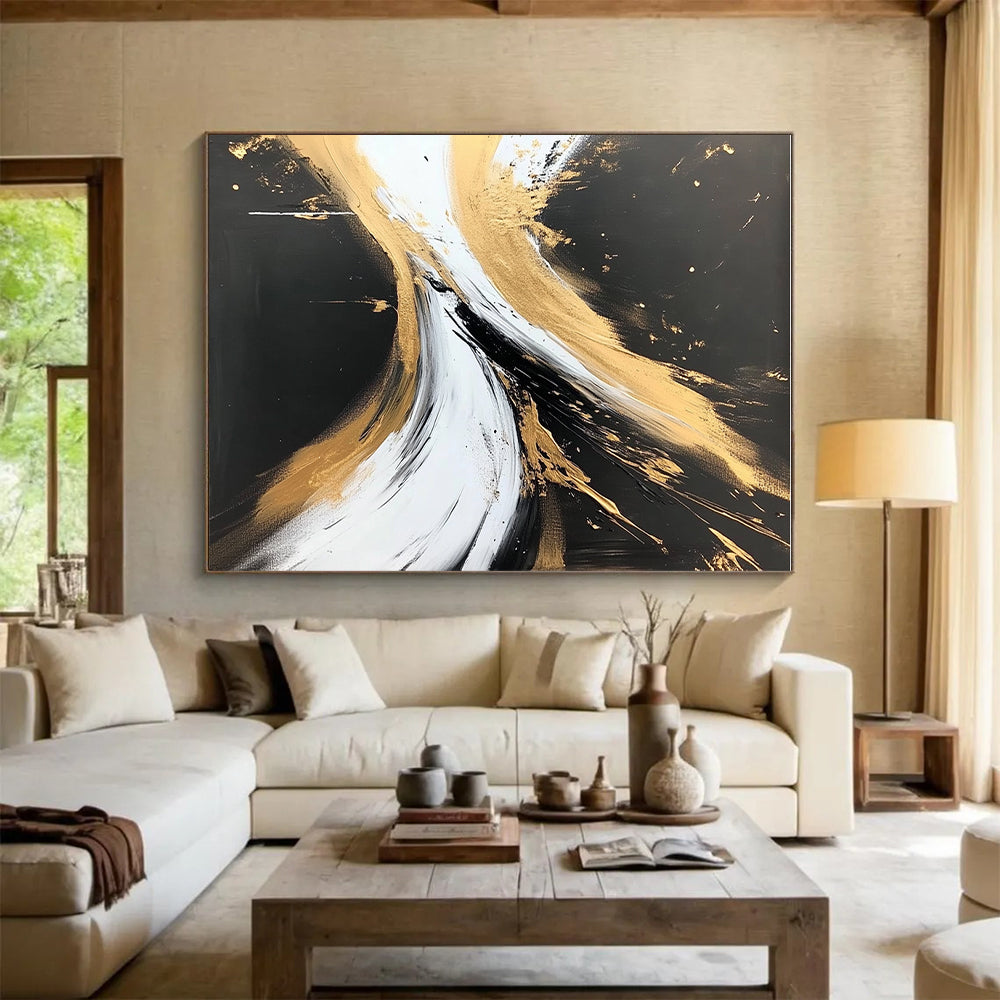 Black Gold and White Abstract Painting with Regal Drama WINK316