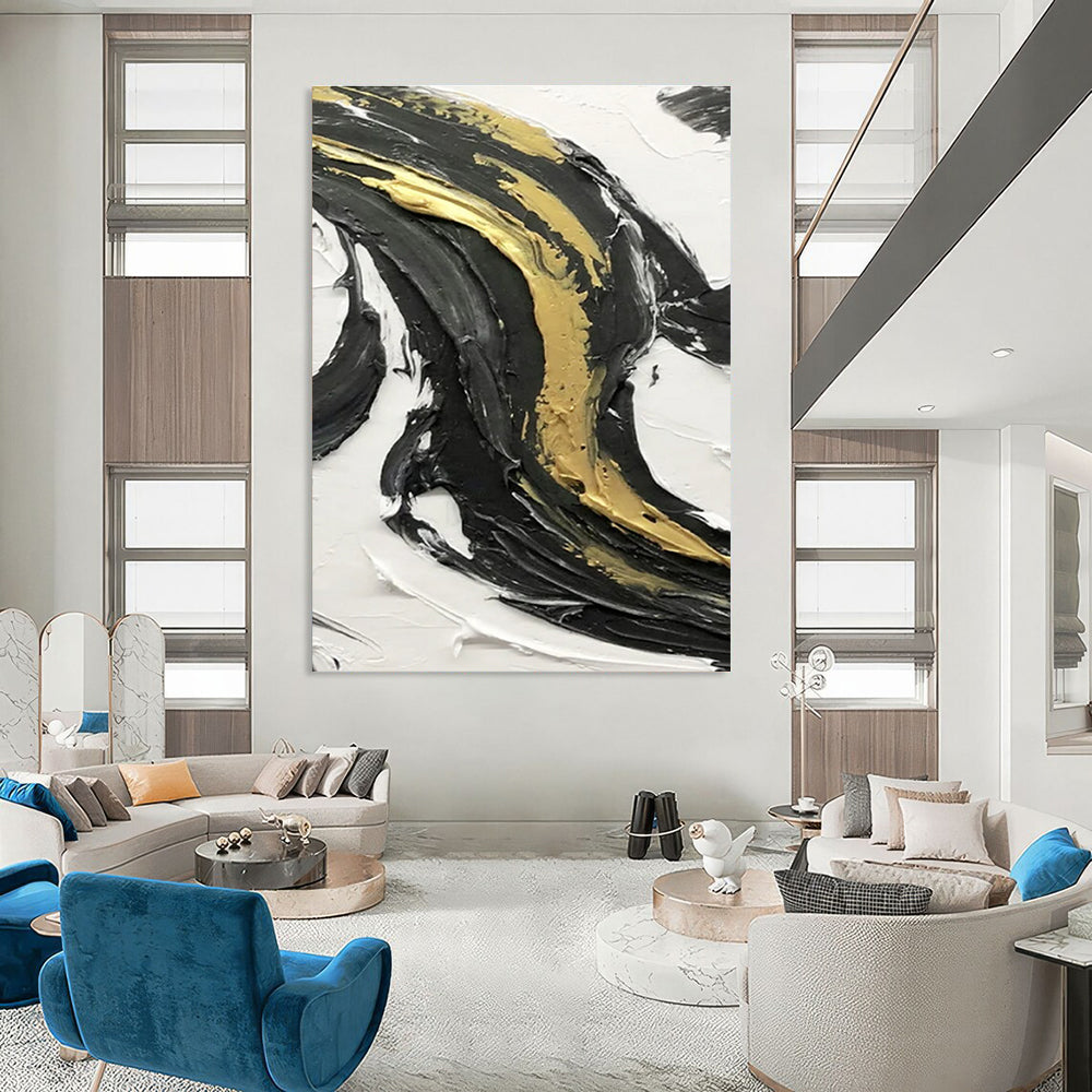 Black - White Horizontal Layer Art Abstract Painting for Minimalist Bedrooms HENG379
