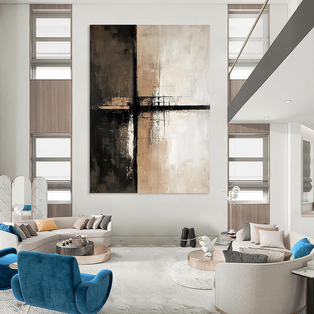 Textured Brown and Black Cross Abstract Painting for Modern Interiors GAB0680