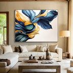 Blue and Gold Floral Shapes Abstract Painting with Elegant Fluidity ABS579