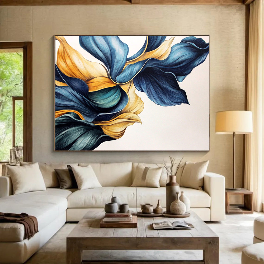Blue and Gold Floral Shapes Abstract Painting with Elegant Fluidity ABS579