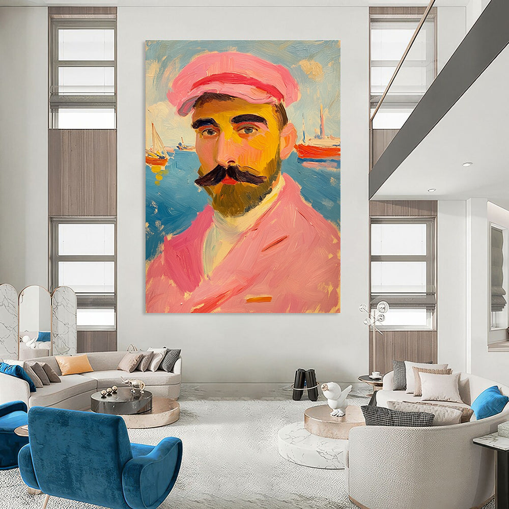 Man with Pink Hat Impressionistic Portrait Abstract Painting GAB0322