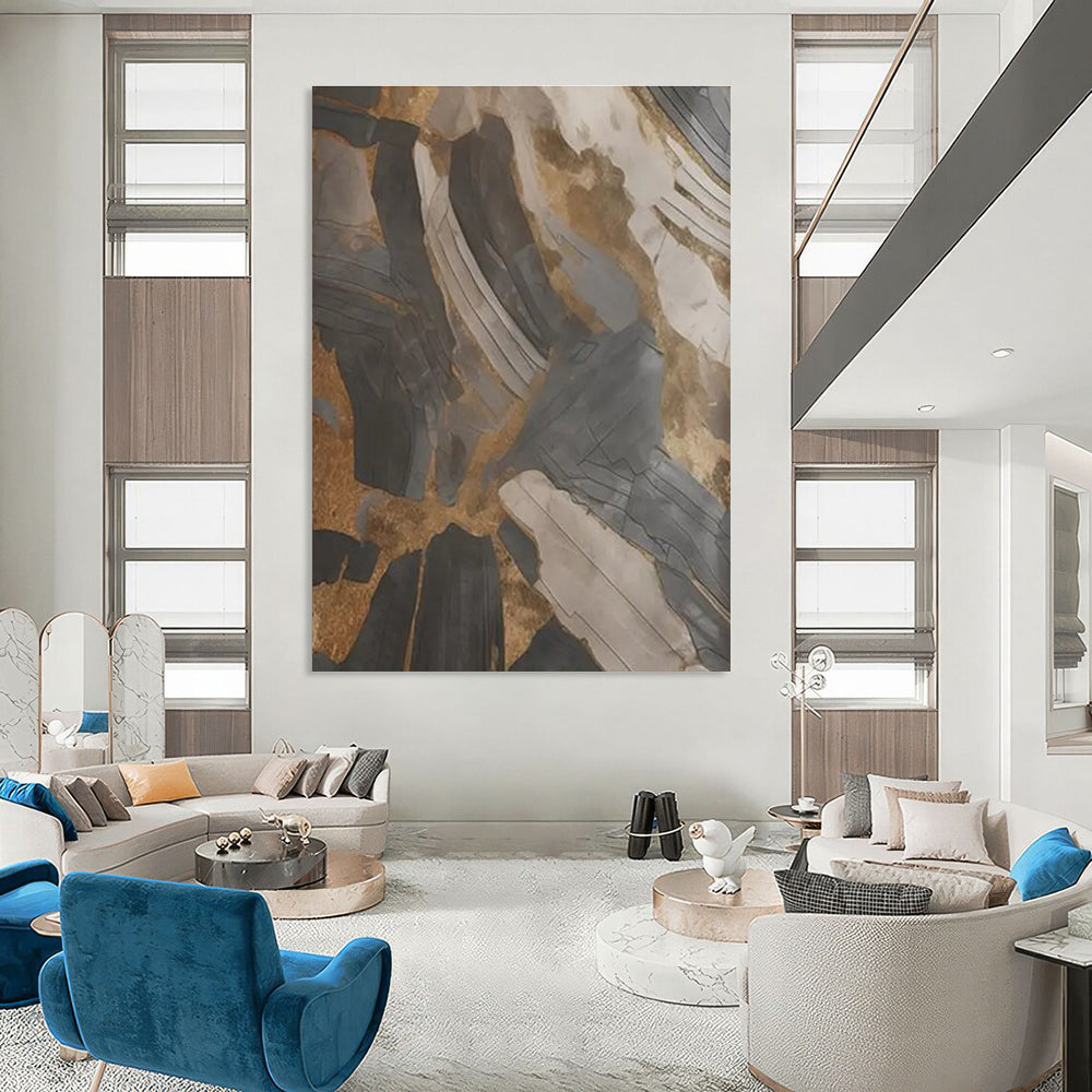 Black - Gold - Gray Abstract Painting for Opulent Residential Foyers HENG137