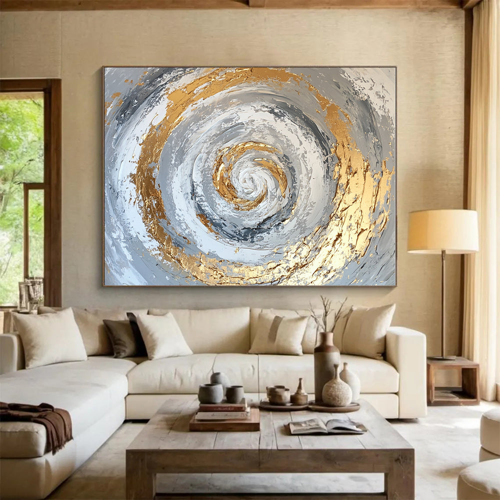 Gold Silver Spiral Abstract Painting with Textured Movement WINK622