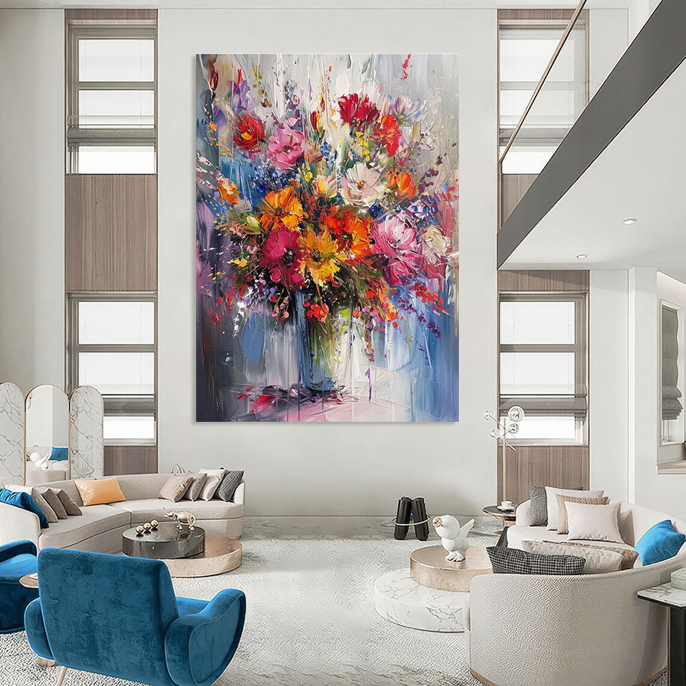 Impasto - Style Vibrant Flower Bouquet Abstract Painting for Lively Spaces HENG260