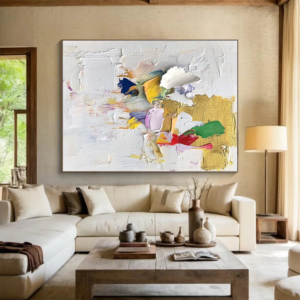 Gold Accented Abstract Collage Painting with Vibrant Shapes WINK621