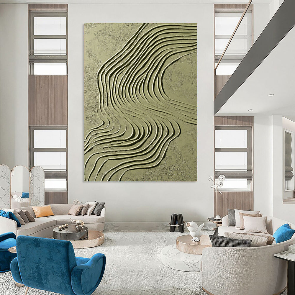 Green Curved Lines on Light Green Abstract Painting with Flowing Textures GAB0064