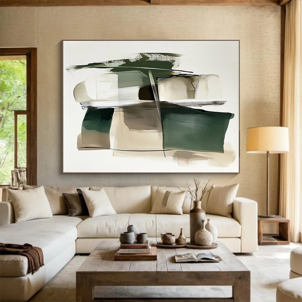 Green Beige Abstract Painting with Layered Geometry WINK560