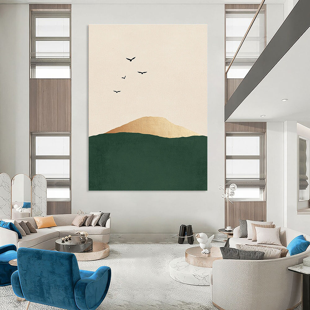 Birds Over Golden Hill Abstract Painting for Bohemian - Style Bedrooms GAB1383