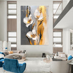 3D Gold Accent Flowers Abstract Painting for Glamorous Dining GAB0765