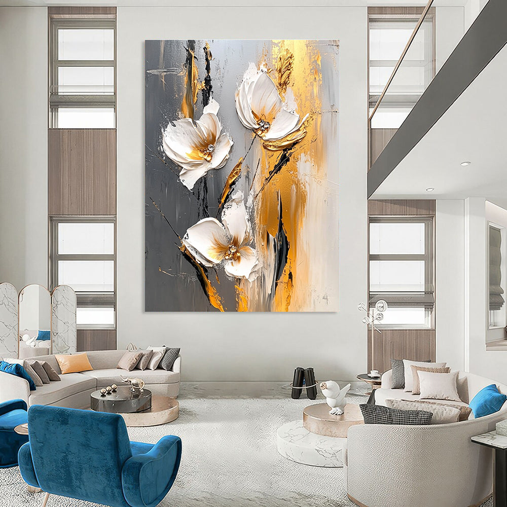 3D Gold Accent Flowers Abstract Painting for Glamorous Dining GAB0765