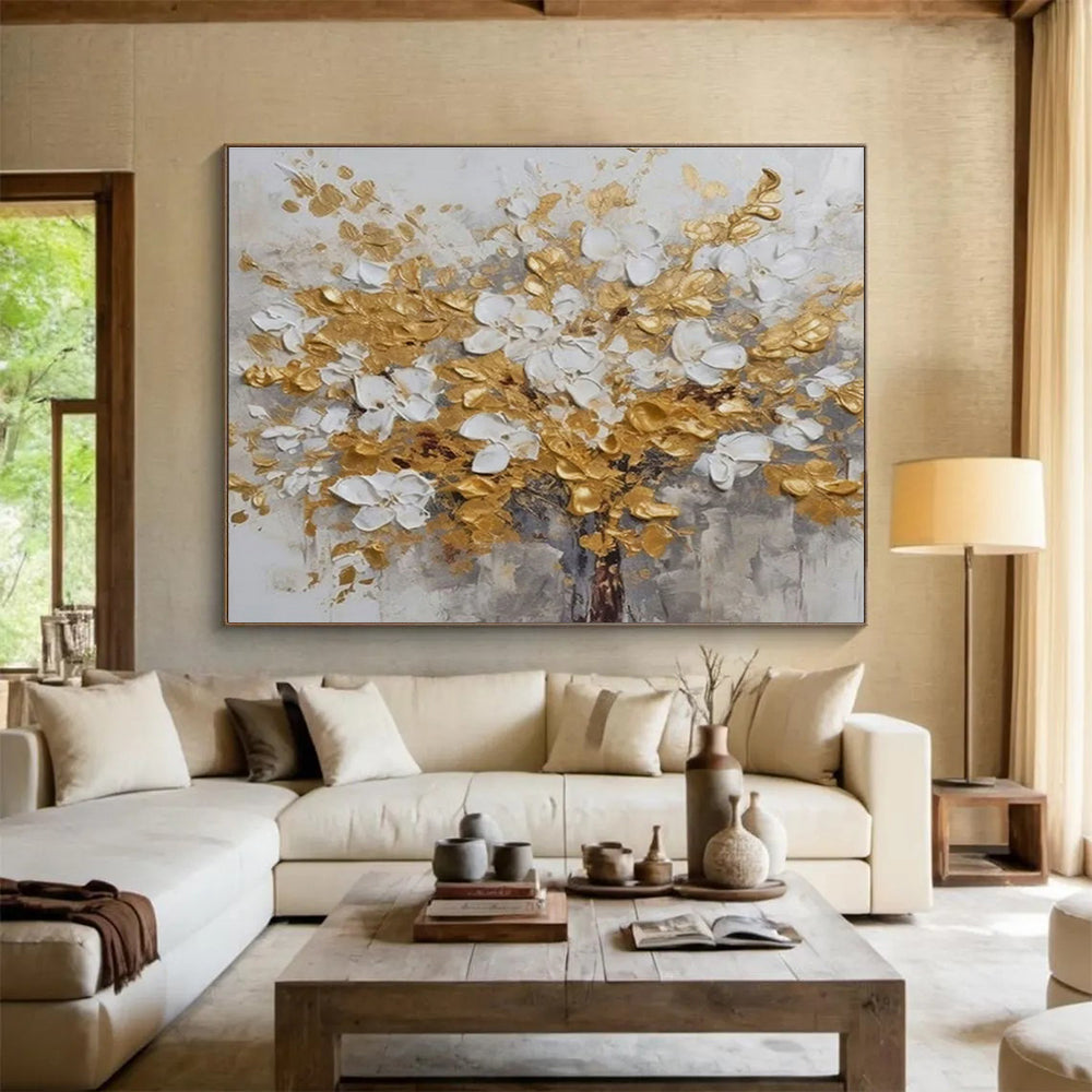 Gold and White Floral Abstract Painting for Luxurious Dining Rooms YHT246