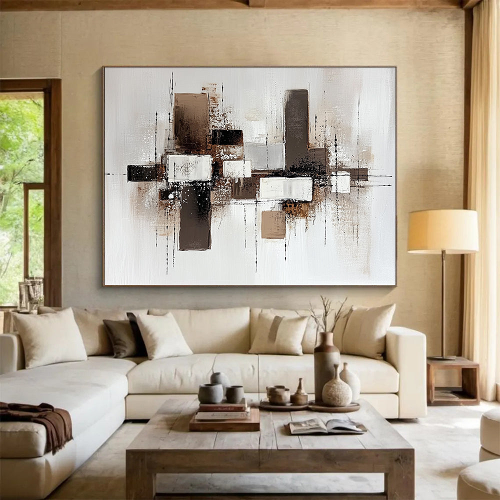 Brown and White Geometric Abstract with Textured Splatters Abstract Painting ABS372