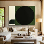 Black Circle on Green Abstract Painting with Bold Contrast WINK218