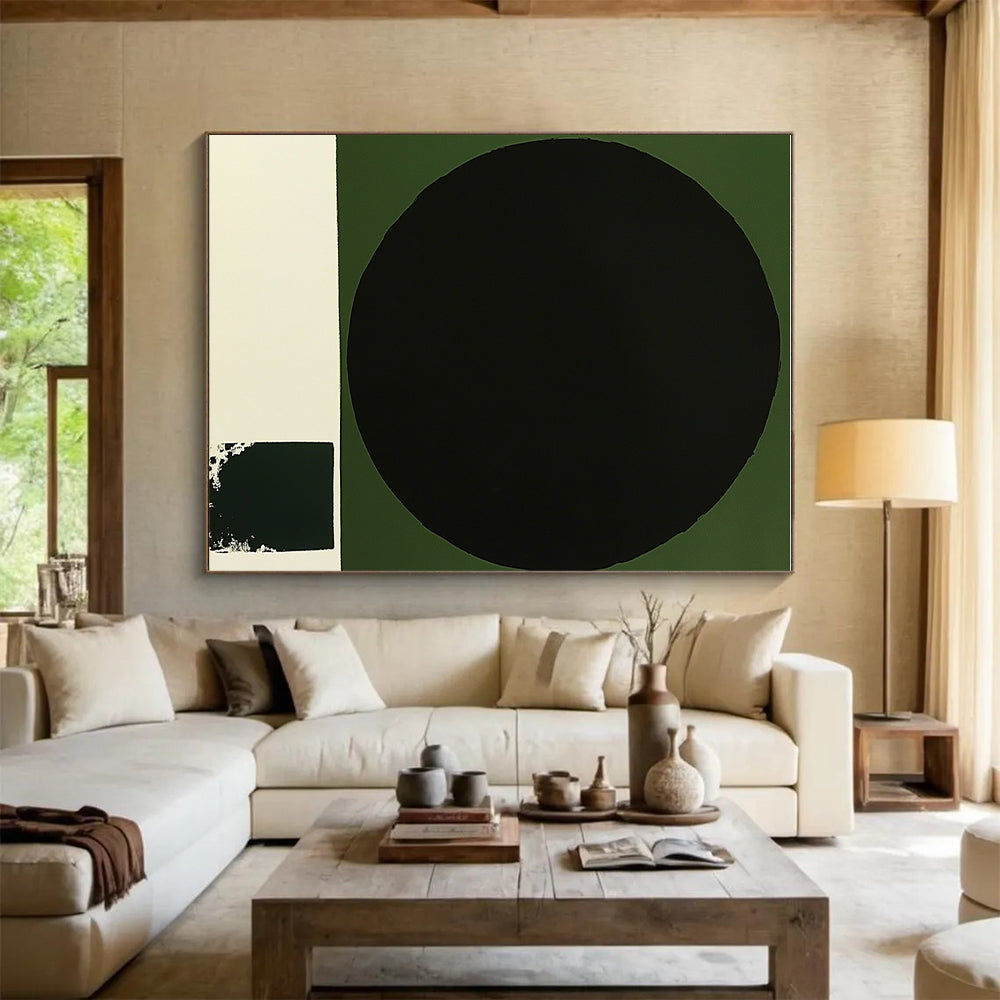 Black Circle on Green Abstract Painting with Bold Contrast WINK218