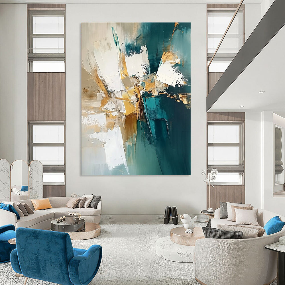 Teal and Gold Textured Abstract Painting for Coastal - Inspired Living Rooms GAB0901