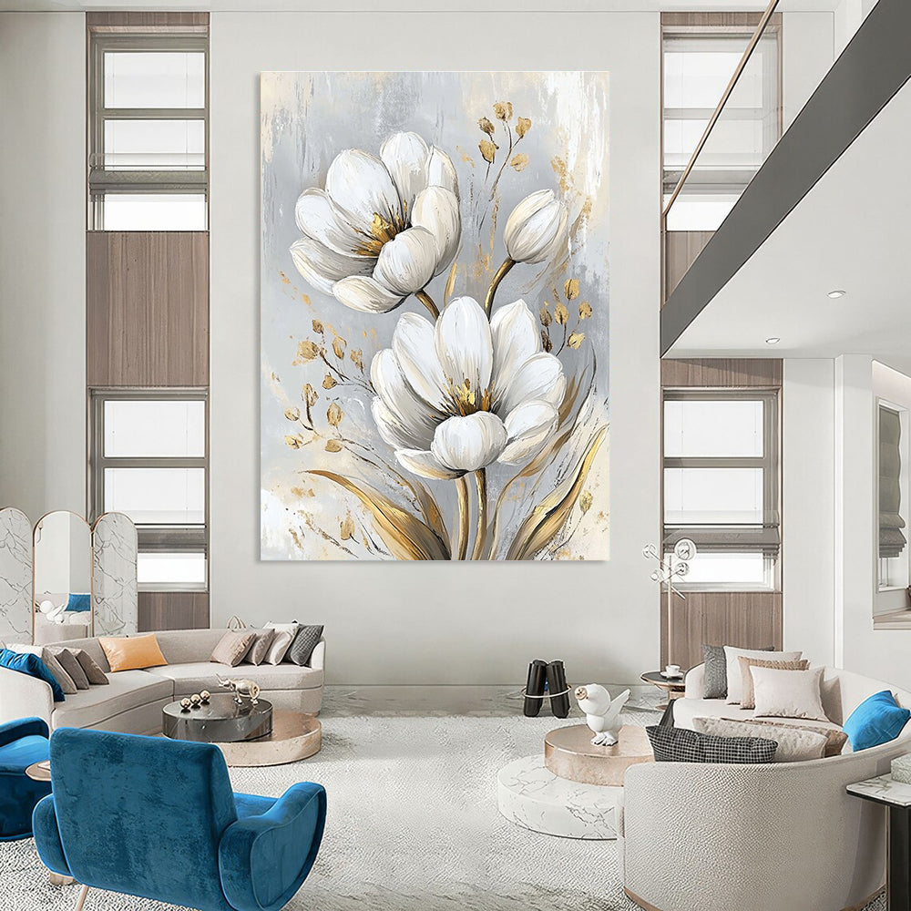 White Flowers with Gold Accents Sophisticated Abstract Painting for Upscale Spaces GAB1528