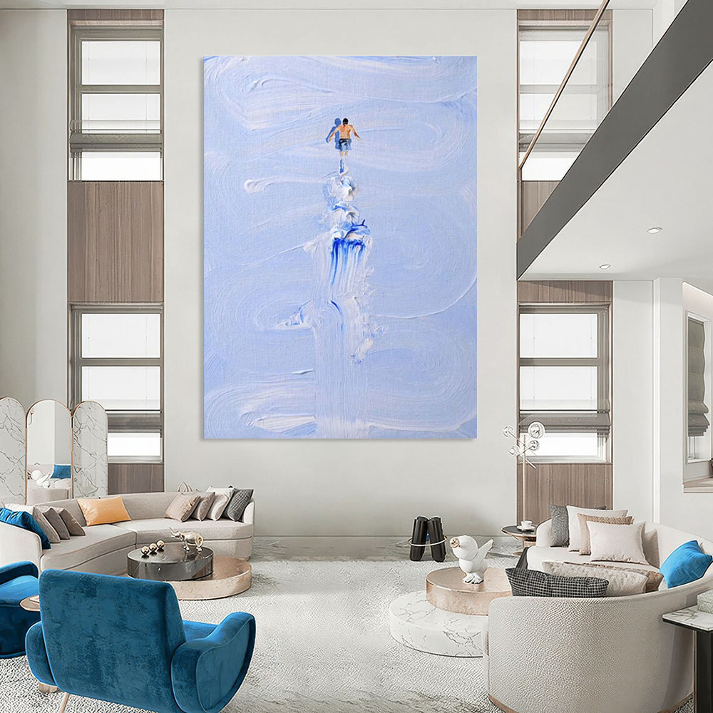 Figure on Textured Blue Path Abstract Painting for Adventure - Themed Spaces HENG327
