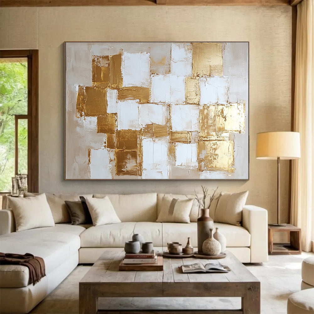 Gold and White Square Abstract Painting with Textured Elegance ABS451