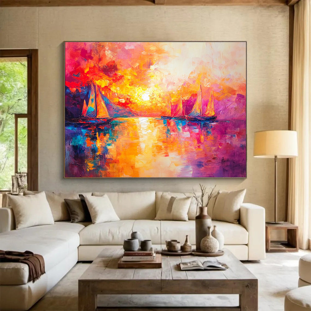 Colorful Sunset Sailboats with Vivid Palette Abstract Painting ABS321