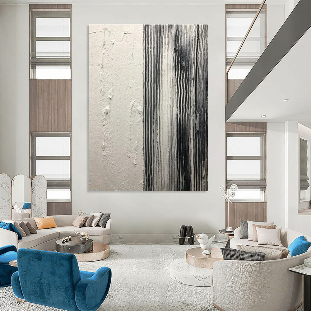 Black - White Striped Textured Abstract Painting for Industrial - Inspired Spaces HENG382