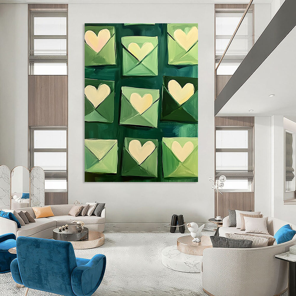 Green Envelopes with Hearts Whimsical Abstract Painting for Romantic Spaces GAB1436