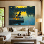 Dog by Lantern on Dock Abstract Painting with Evening Serenity ABS591