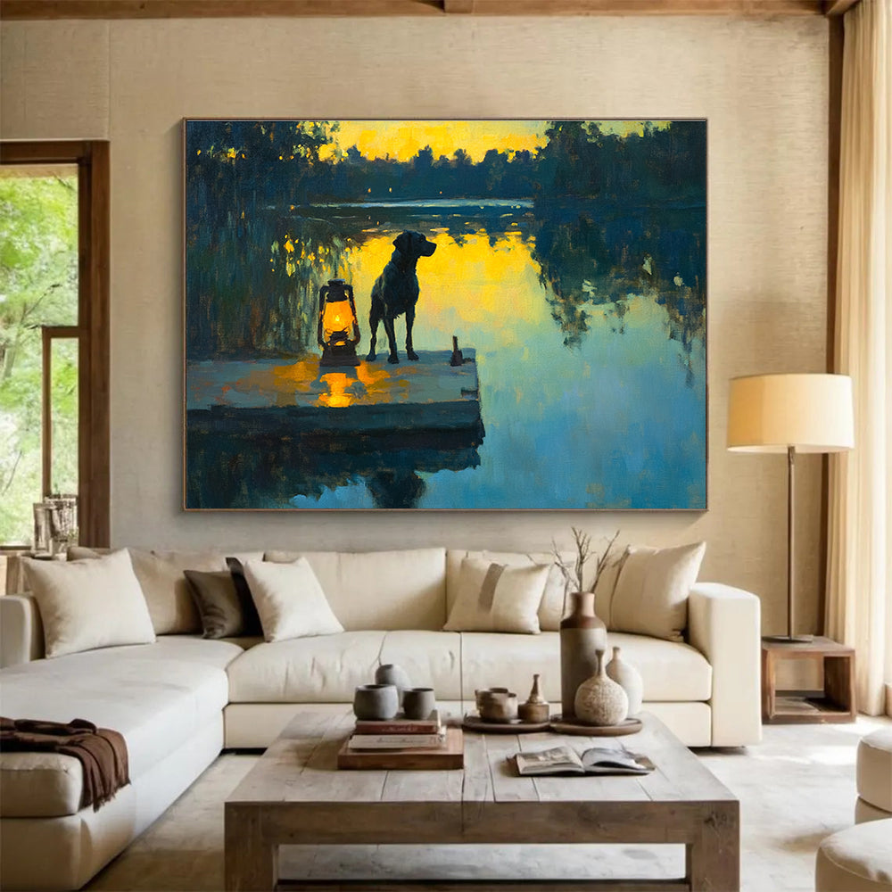 Dog by Lantern on Dock Abstract Painting with Evening Serenity ABS591