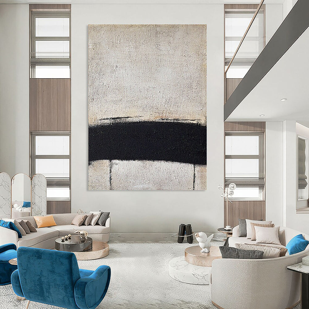 Minimalist Black and White Horizontal Line Abstract Painting for Monochrome Bedrooms HENG353