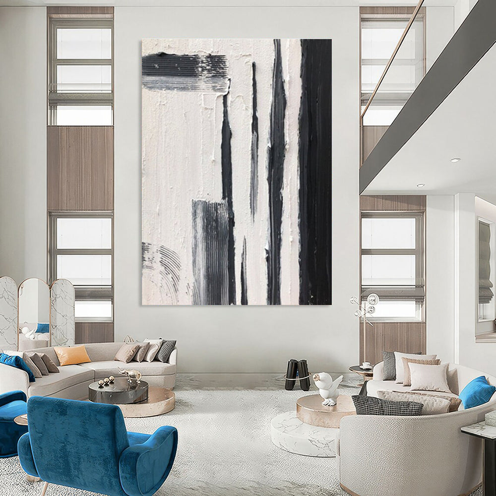 Black and White Textured Vertical Strokes Abstract Painting for Contemporary Entrances HENG367