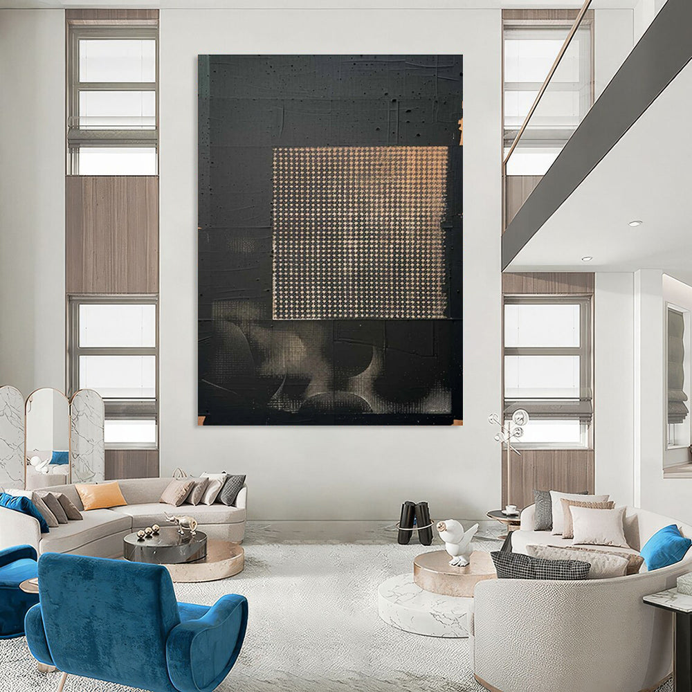 Black and Gold Grid Abstract Painting for Contemporary Art Spaces HENG306