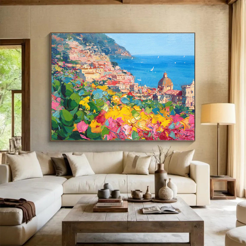 Coastal Town Flowers Abstract Painting for Italian Restaurant Private Dining YHT488