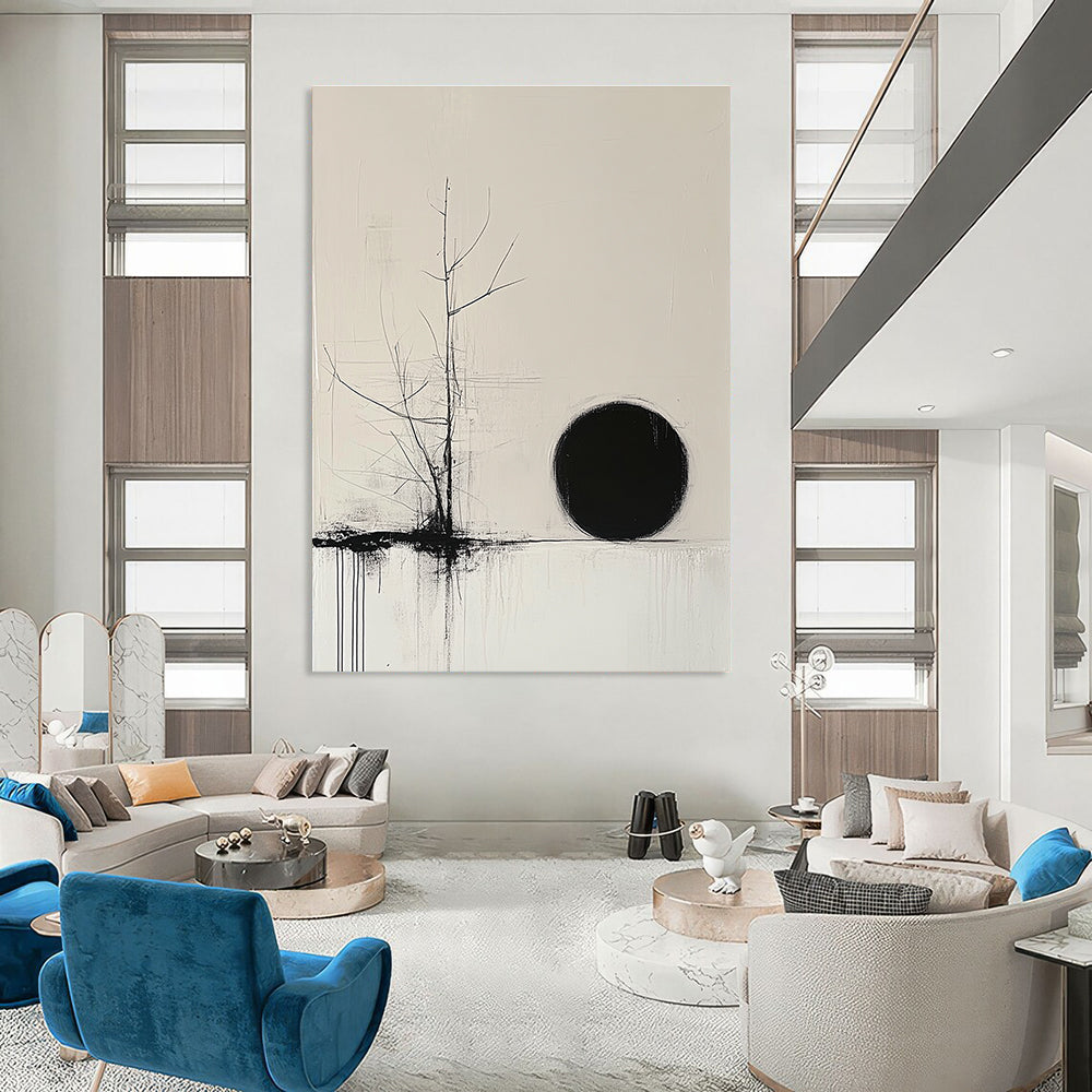 Bare Tree and Black Circle Abstract Painting of Quiet Contemplation GAB0204