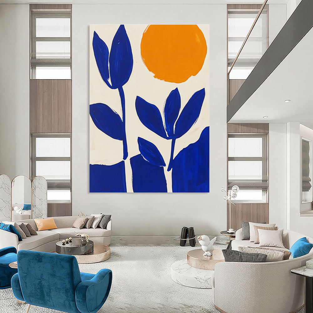 Blue Flowers and Orange Sun Abstract Painting for Cheerful Kitchens GAB1374