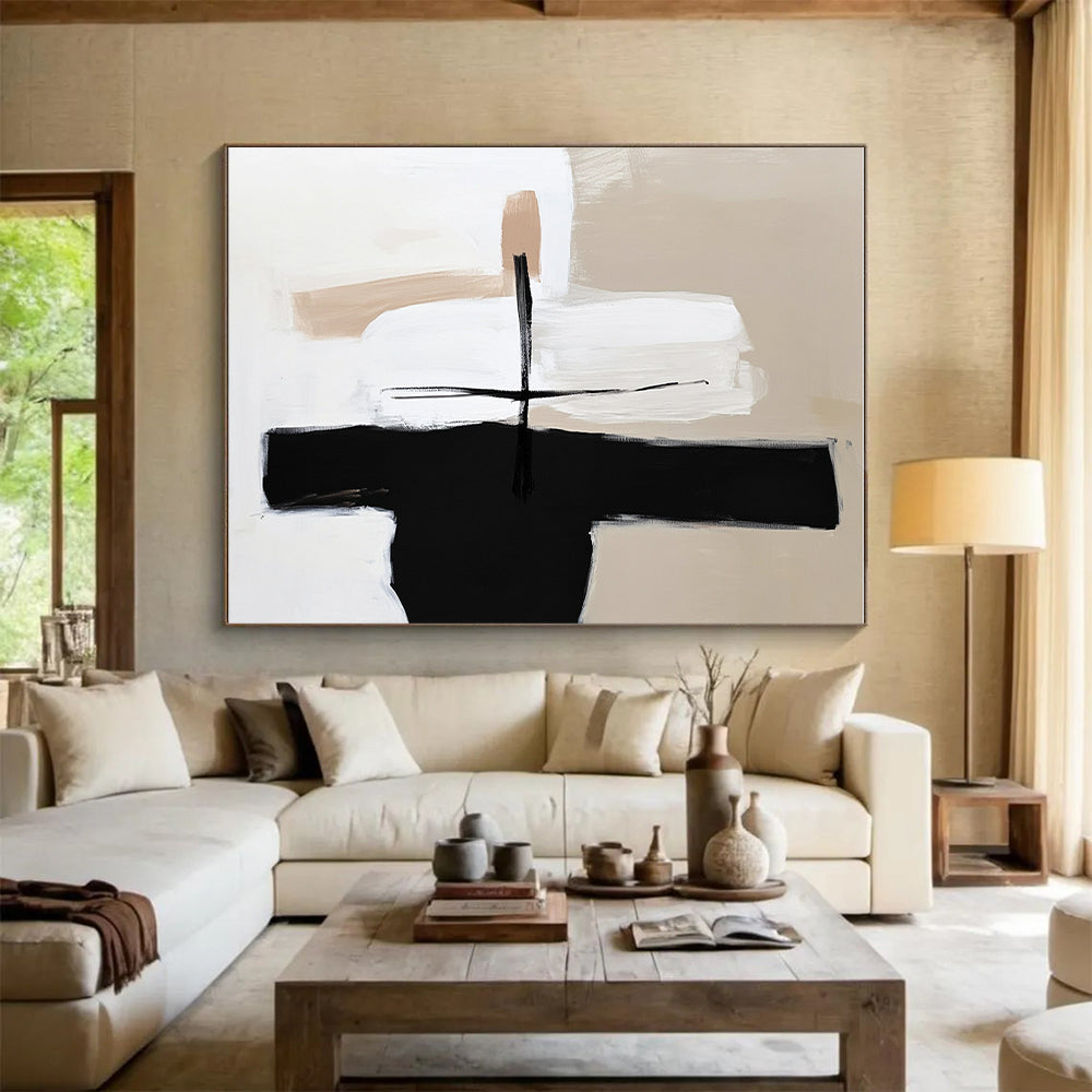 Beige Black White Abstract Painting with Minimalist Charm WINK668