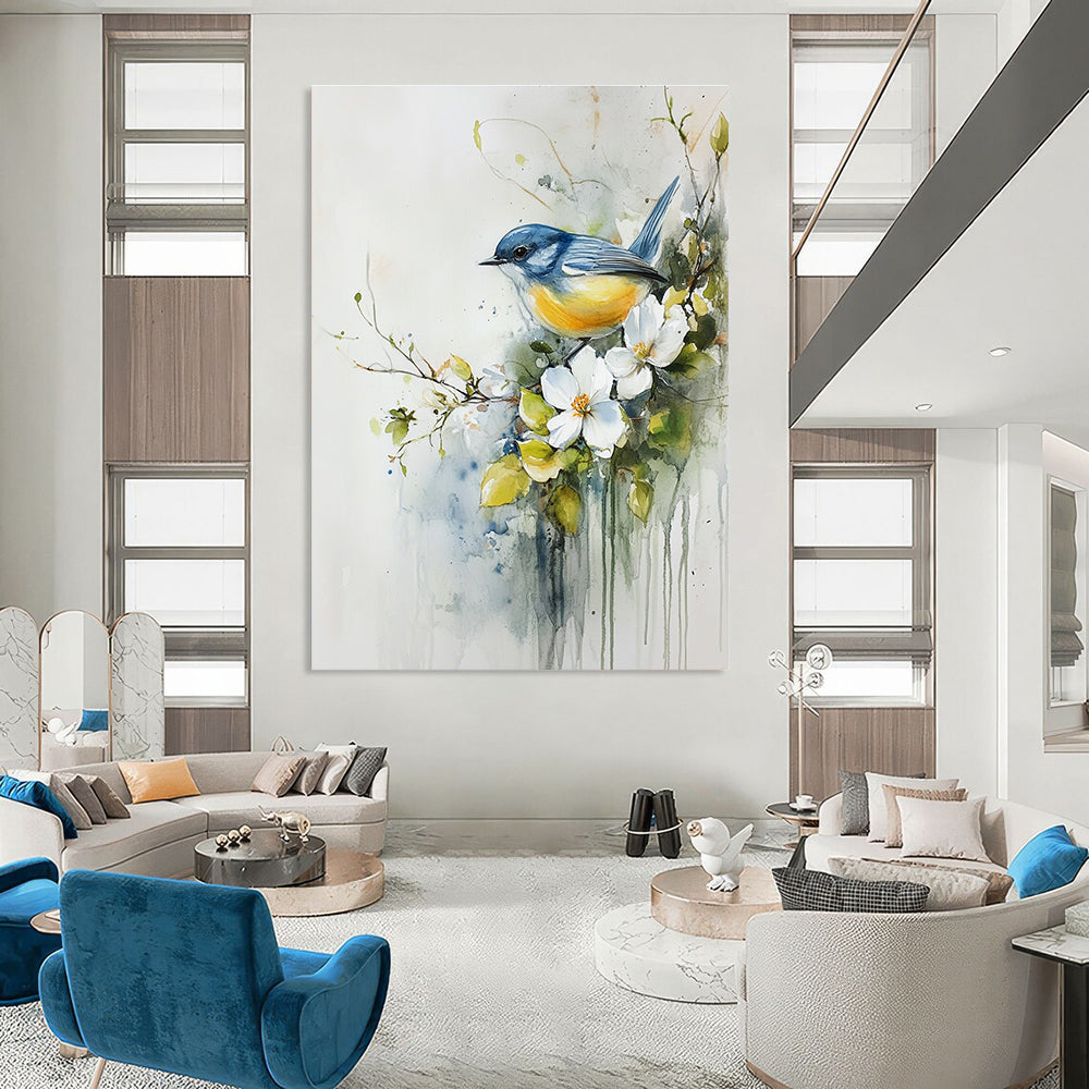 Delicate Bird and Flowers Abstract Painting with Watercolor Whimsy GAB0017