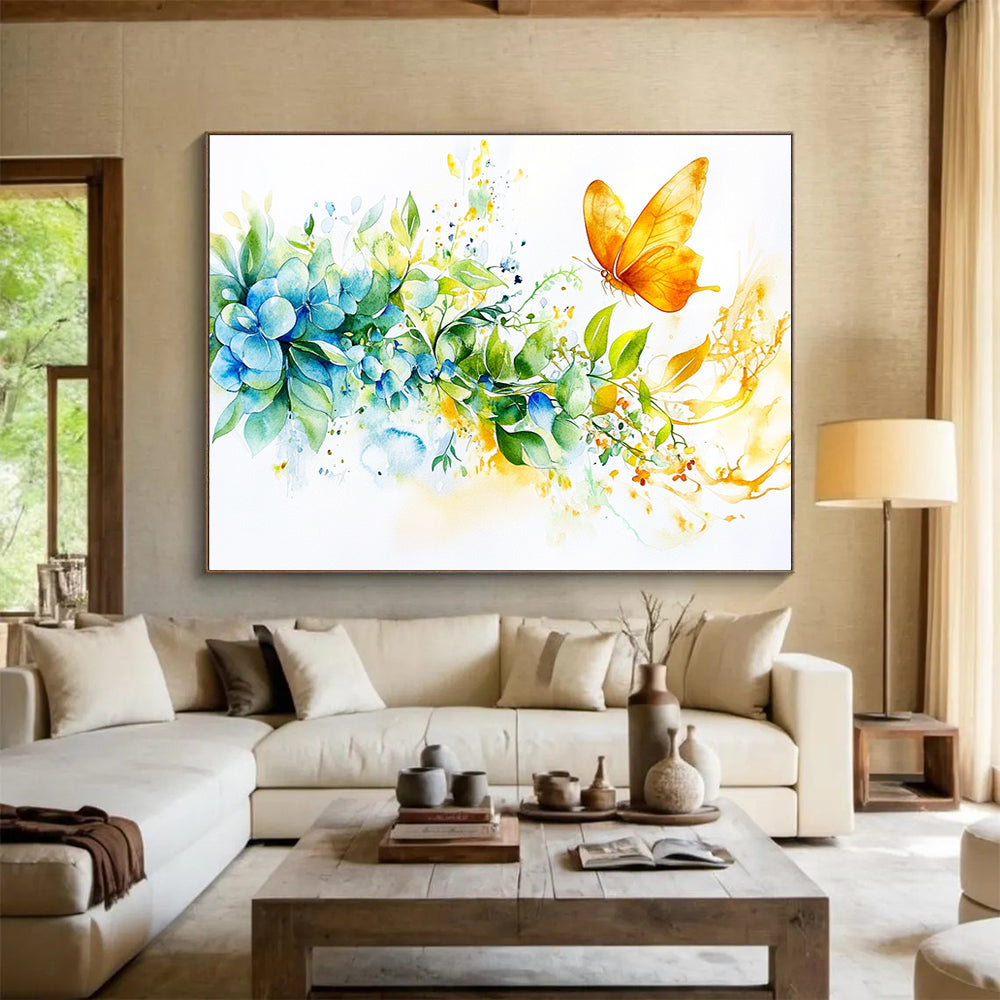 Blue Hydrangeas and Butterfly: Delicate Nature’s Moment Abstract Painting ABS158