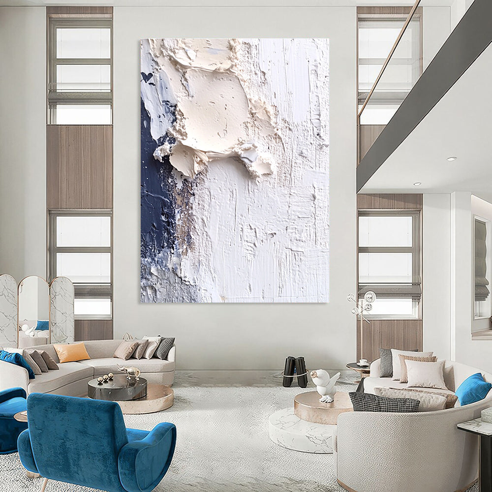 Textured White and Blue Abstract Painting for Coastal - Inspired Cafes GAB1009