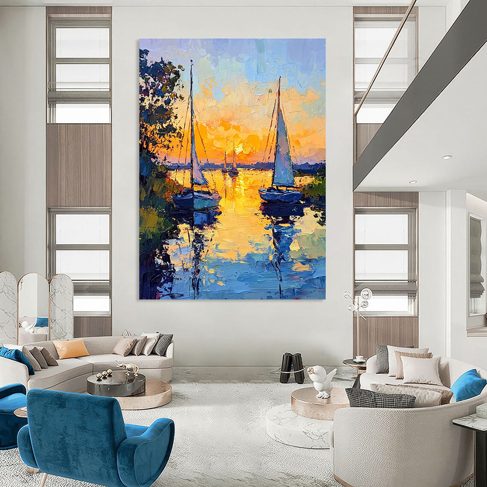 Sailboats at Sunset Impressionistic Abstract Painting for Coastal Homes GAB1438