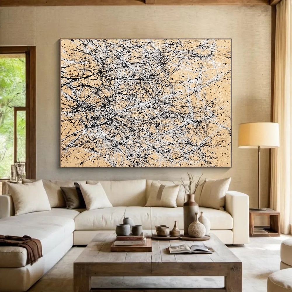 Splattered Ink on Beige Abstract Painting with Dynamic Energy WINK002
