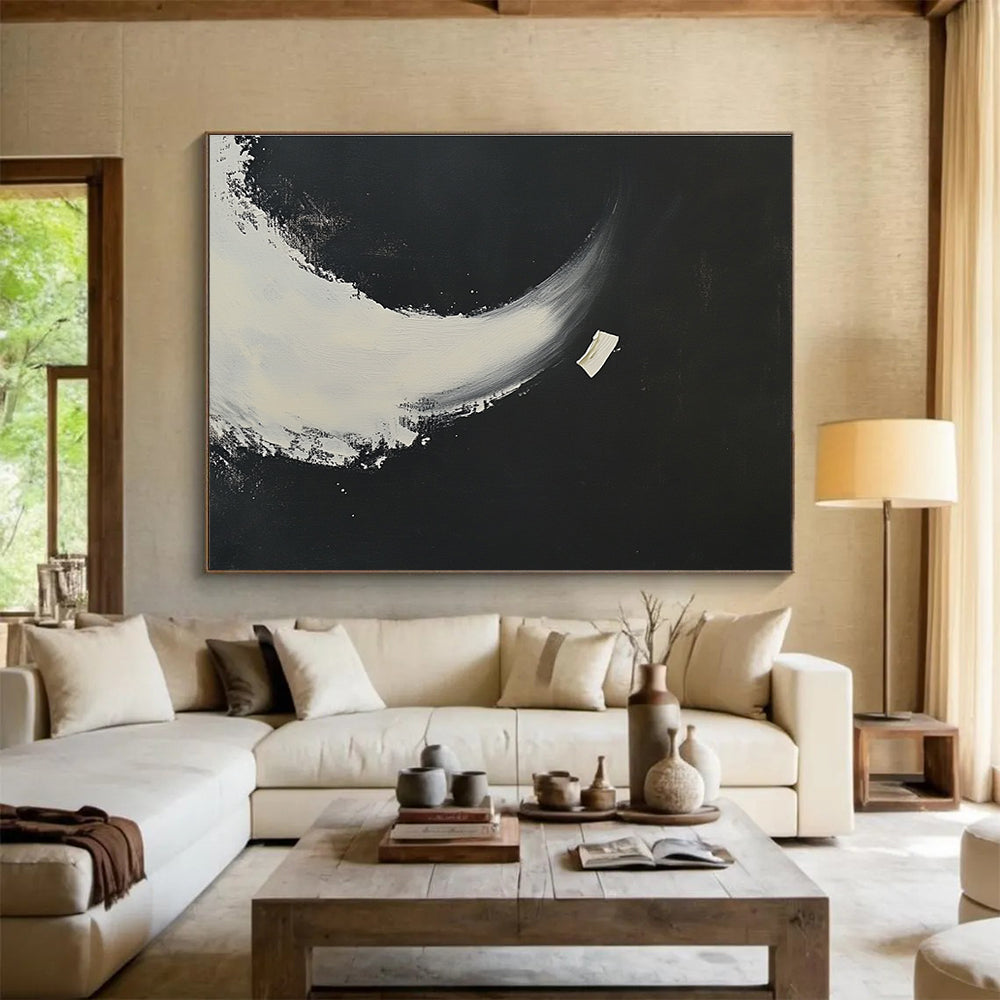 Black - White Crescent Abstract Painting with a Simple yet Striking Design ABS256