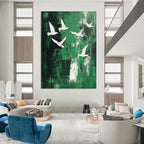 White Birds on Green Abstract Painting for Contemporary Garden Galleries GAB0827