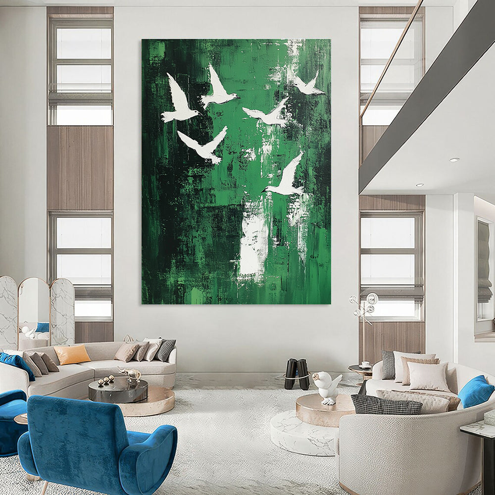 White Birds on Green Abstract Painting for Contemporary Garden Galleries GAB0827