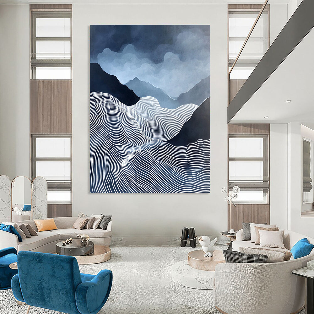 Blue and White Mountain Waves Serene Landscape Abstract Painting GAB0299
