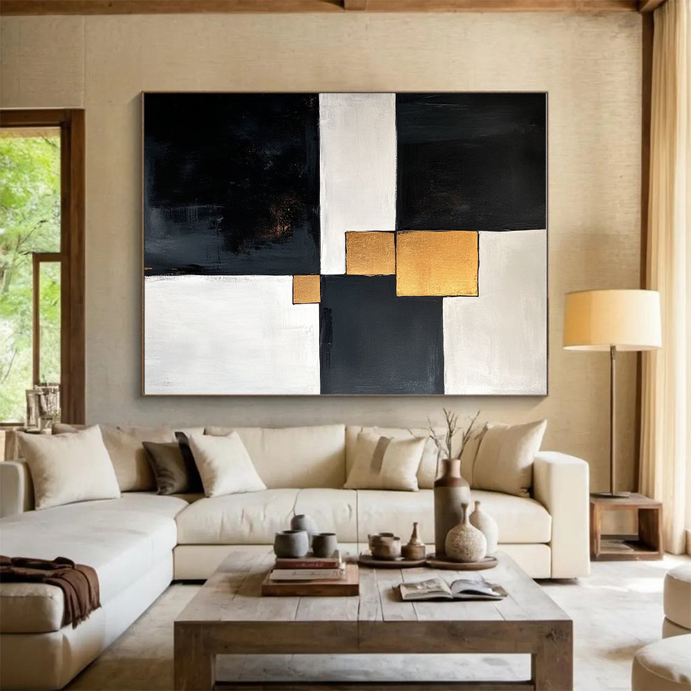 Black White Gold Abstract Painting with Geometric Luxury WINK667
