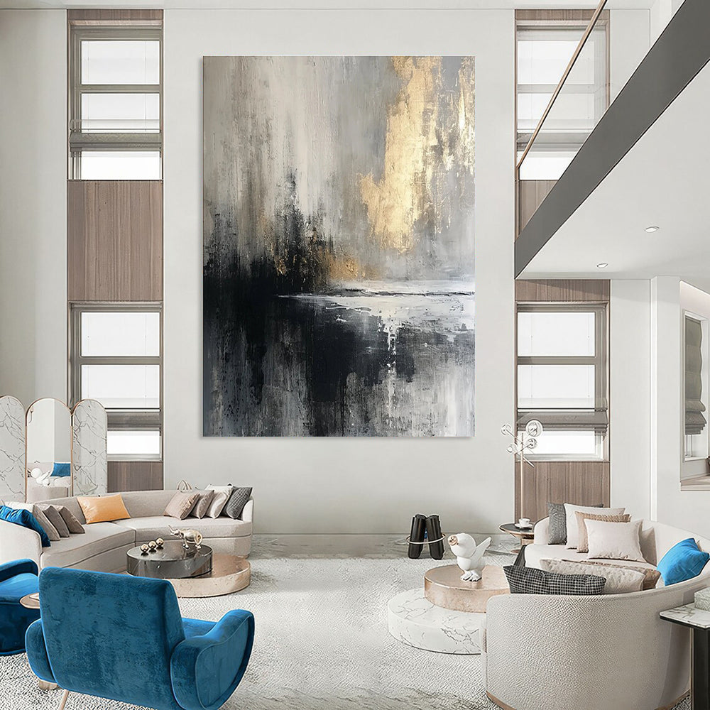 Moody Gray - Gold Abstract Painting for Sophisticated Lounges HENG067
