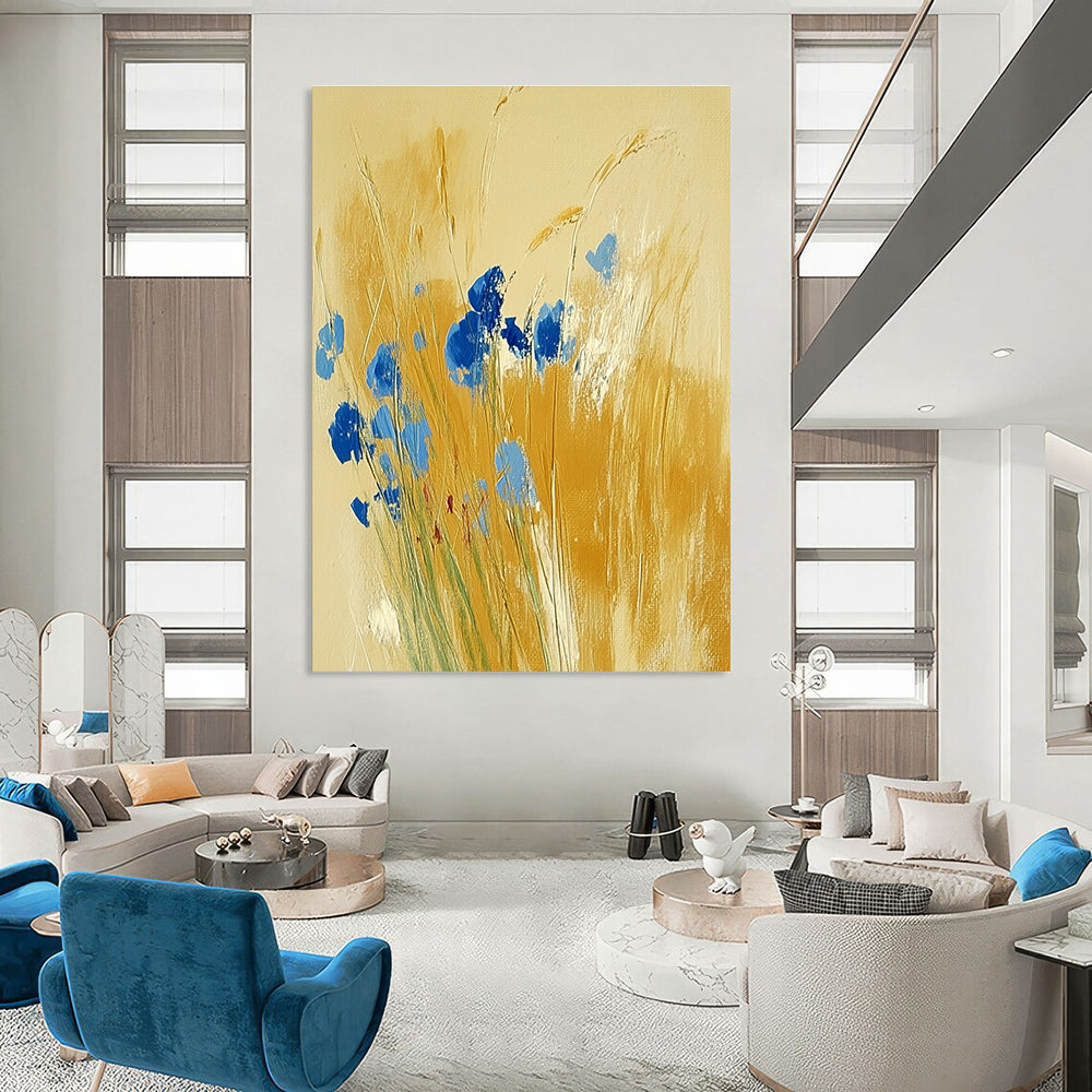 Blue Flowers in Golden Grass Abstract Painting for Country - Style Patios GAB0797