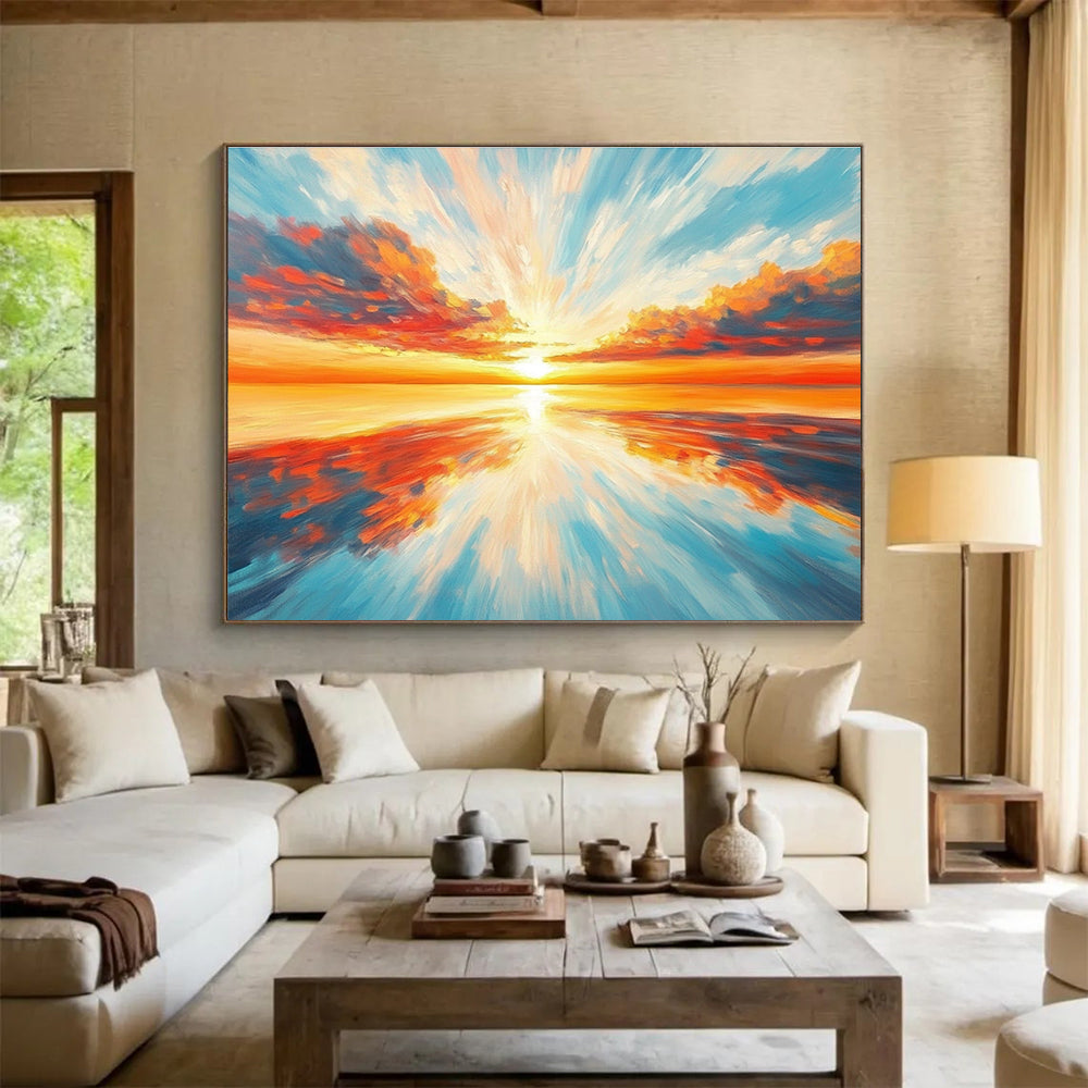Radiant Sunset Over Ocean Painting with Vivid Colorful Reflections ABS562