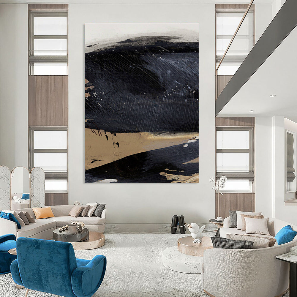 Textured Black - Beige Abstract Painting for Minimalist Home Studios HENG203