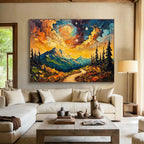 Mountain Path Under Starry Sky: Dreamy Wilderness Adventure Abstract Painting ABS155